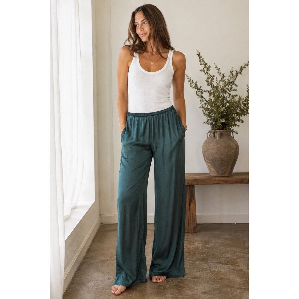 Silk Laundry Womens Pull-on Wide Leg Satin Silk Pants Size Medium Green Luxury